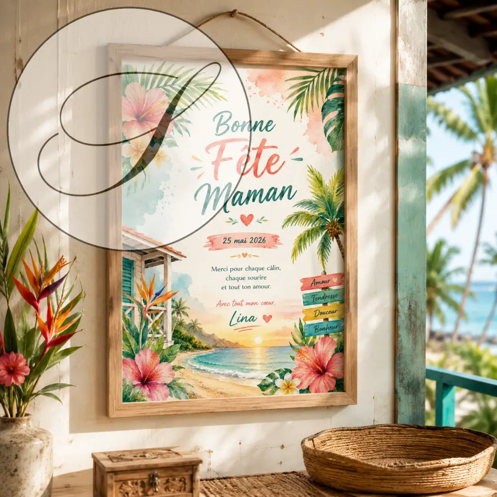 Affiche Bonne fête maman tropicale encadrée avec hibiscus roses, feuilles de palmier et coucher de soleil sur la plage