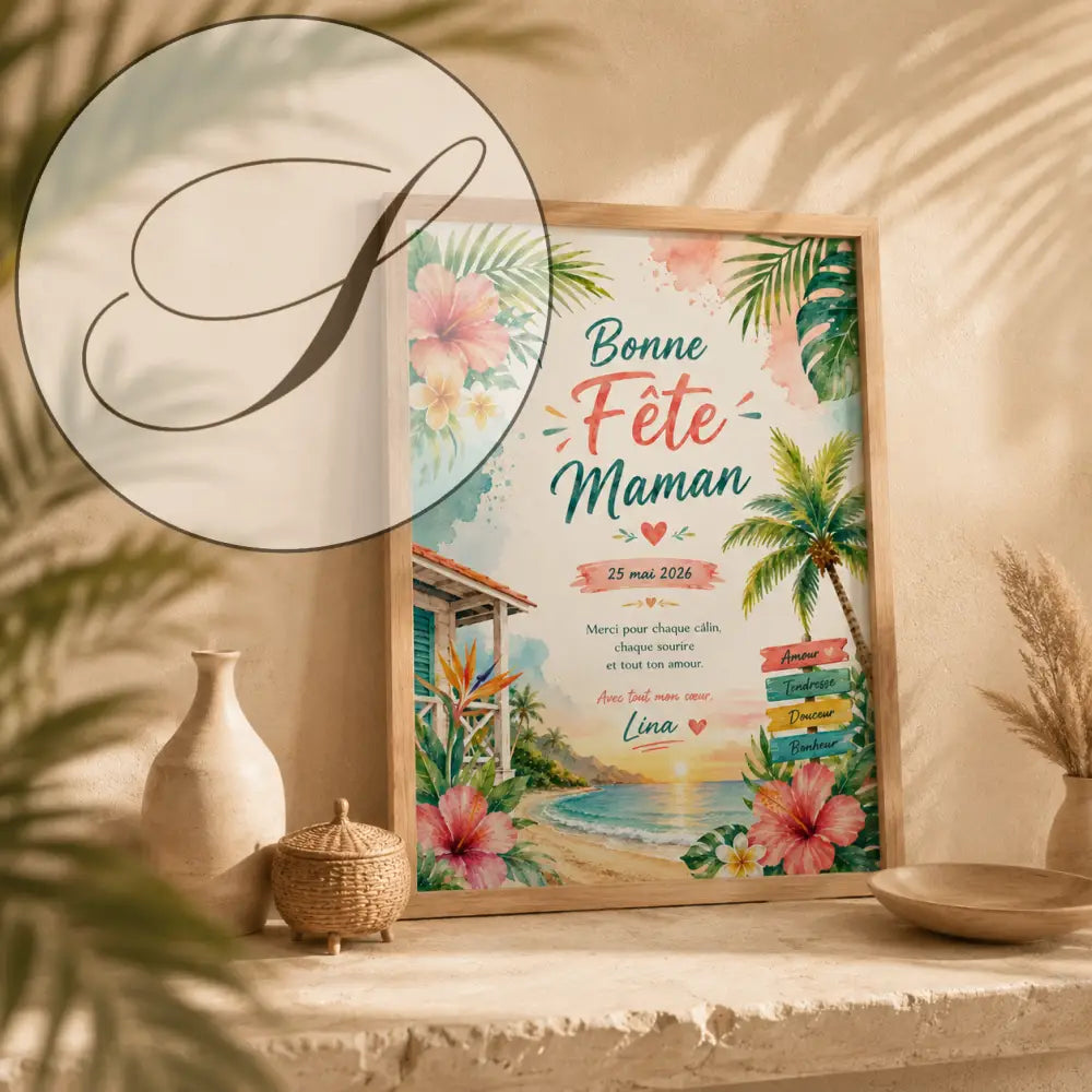 Affiche fête des mères tropicale encadrée avec hibiscus roses et jaunes et feuilles de palmier vertes