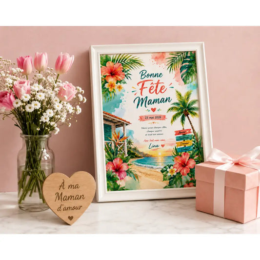Affiche bonne fête maman personnalisée avec fleurs hibiscus roses et orange cadre tropical cadeau fête mères à imprimer