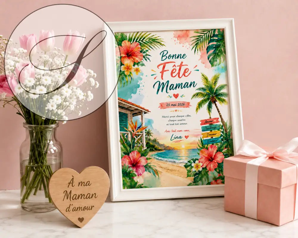 Affiche bonne fête maman personnalisée avec fleurs hibiscus roses et orange cadre tropical cadeau fête mères à imprimer