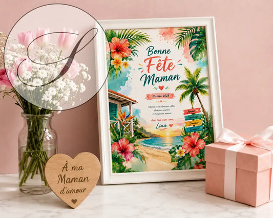 Affiche bonne fĂȘte maman personnalisĂ©e avec fleurs hibiscus roses et orange cadre tropical cadeau fĂȘte mĂšres Ă imprimer