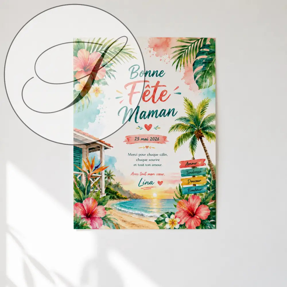 Affiche fête des mères tropicale avec fleurs d'hibiscus aquarelle et scène de plage colorée
