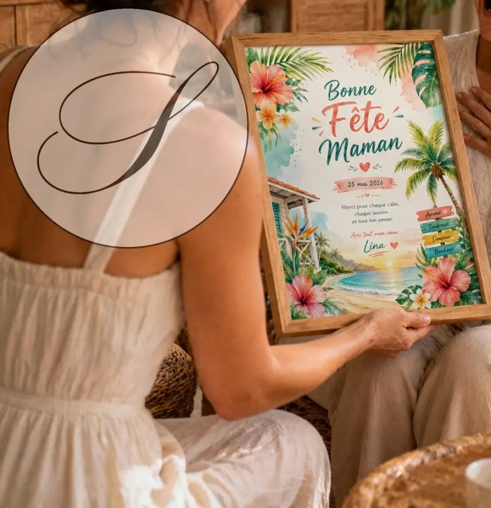 Affiche fête des mères encadrée à thème tropical avec fleurs roses et vertes et texte Bonne fête maman