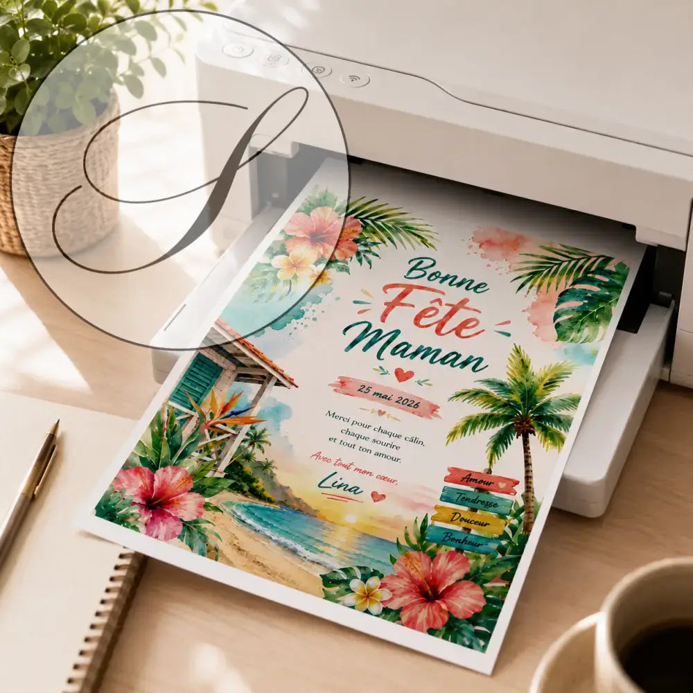 Carte de vœux bonne fête maman thème tropical avec hibiscus aquarelle palmiers et cabane de plage colorée