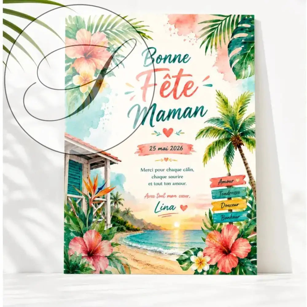 Affiche fête des mères tropicale avec fleurs d'hibiscus aquarelle, palmiers et cabane de plage