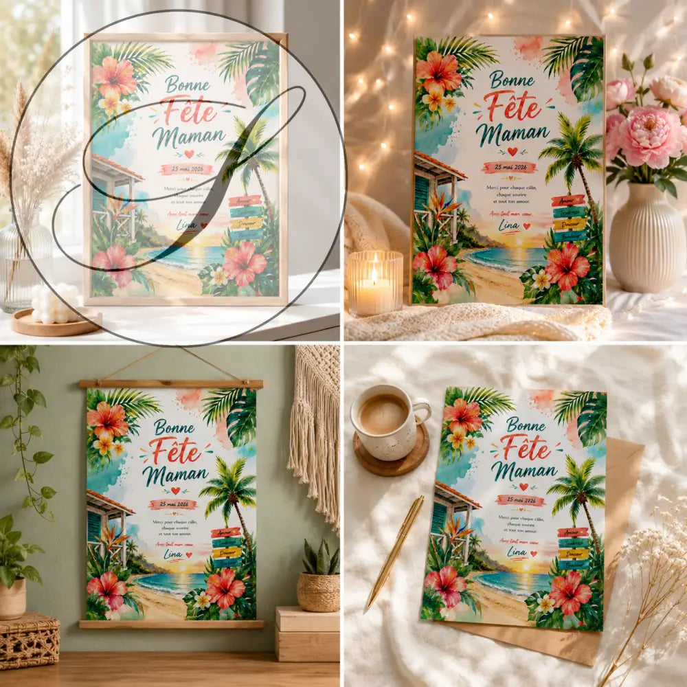 Affiche fête maman personnalisée avec hibiscus colorés, palmiers et cabane de plage sur papier aquarelle cadeau fête des mères à imprimer