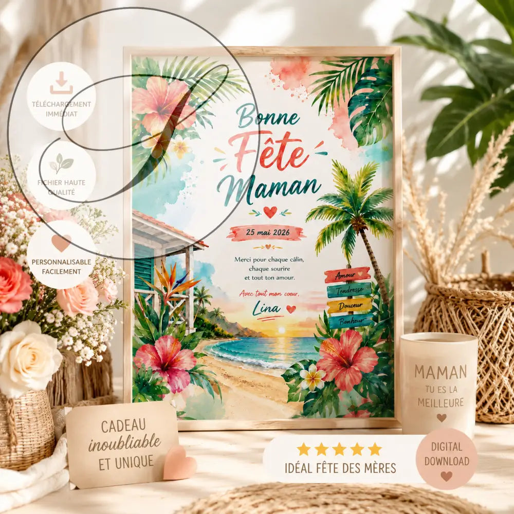 Affiche Bonne fête maman personnalisée avec fleurs aquarelle colorées, cadeau fête des mères