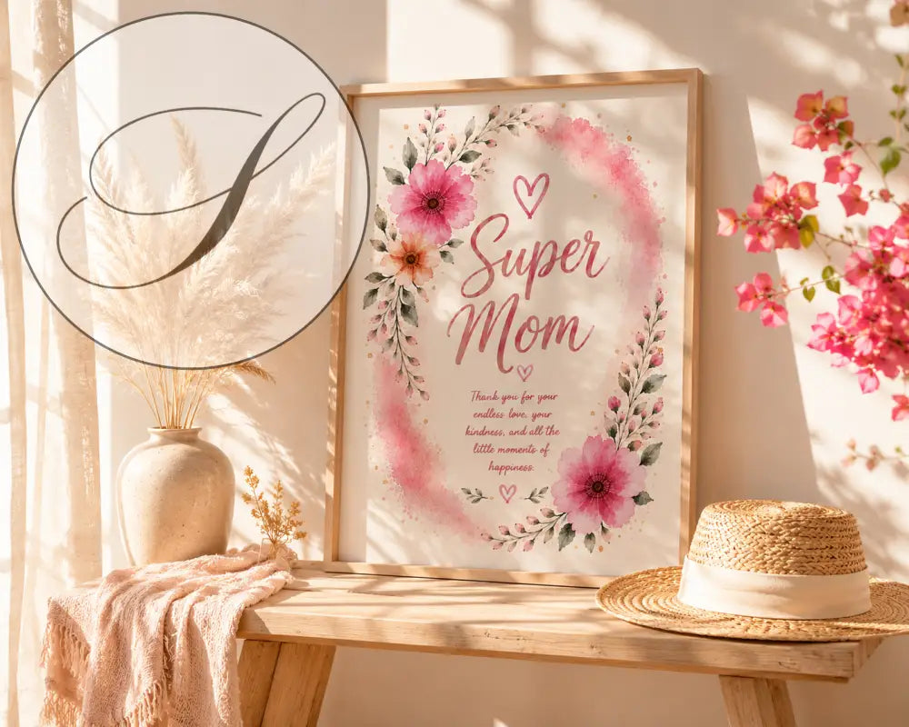 Un cadre affiche super maman à imprimer avec fleurs roses et pêche pour cadeau fête de mère pdf