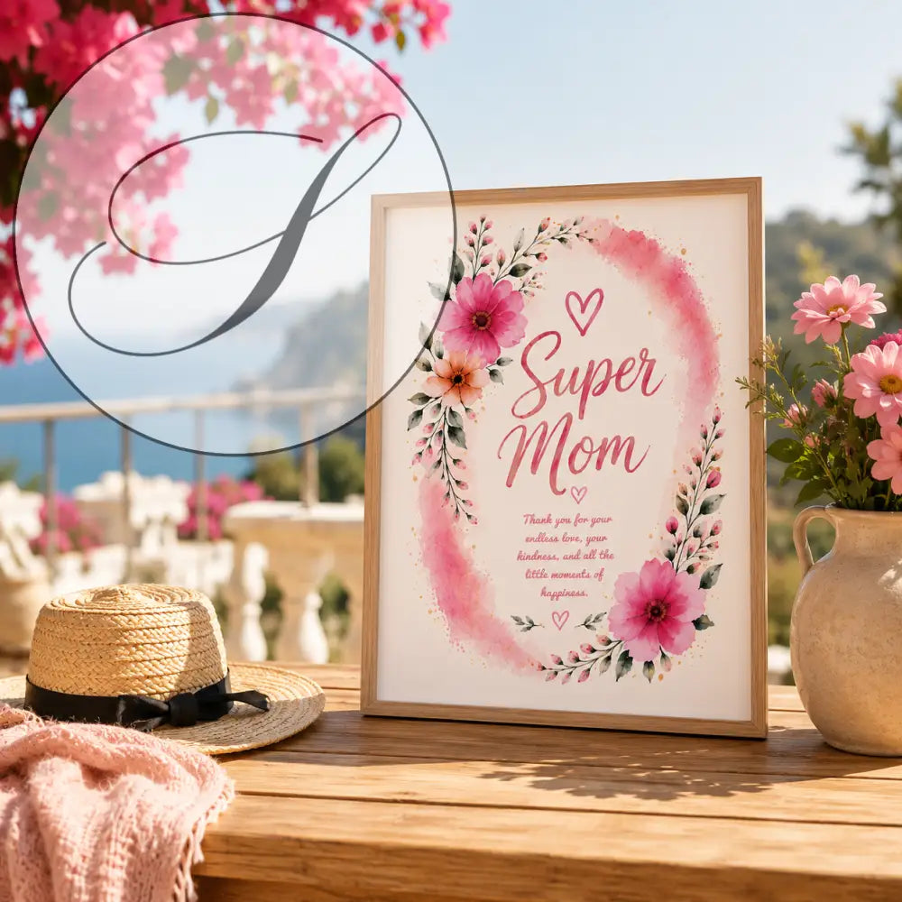 Affiche super maman à imprimer avec fleurs roses et cœurs en cadre bois clair pour cadeau fête de mère