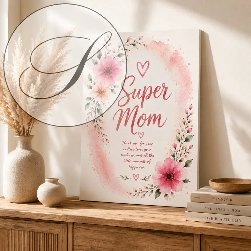 Toile imprimée en aquarelle rose doux avec fleurs délicates et texte super mom en écriture élégante