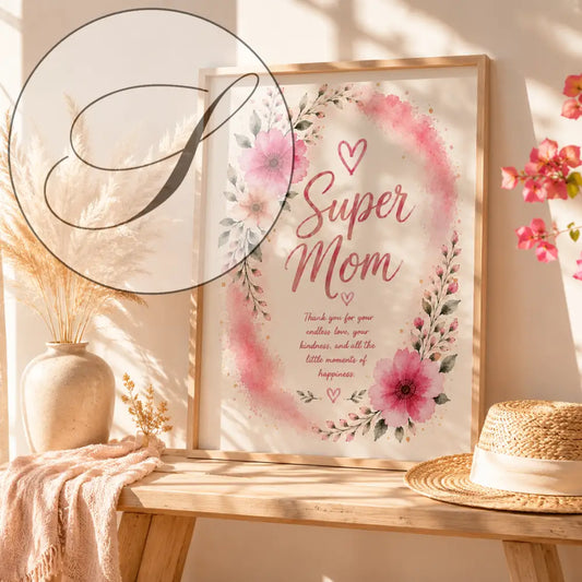 Affiche super maman Ă imprimer avec fleurs roses et texte cursif sur fond crĂšme pour cadeau fĂȘte de mere