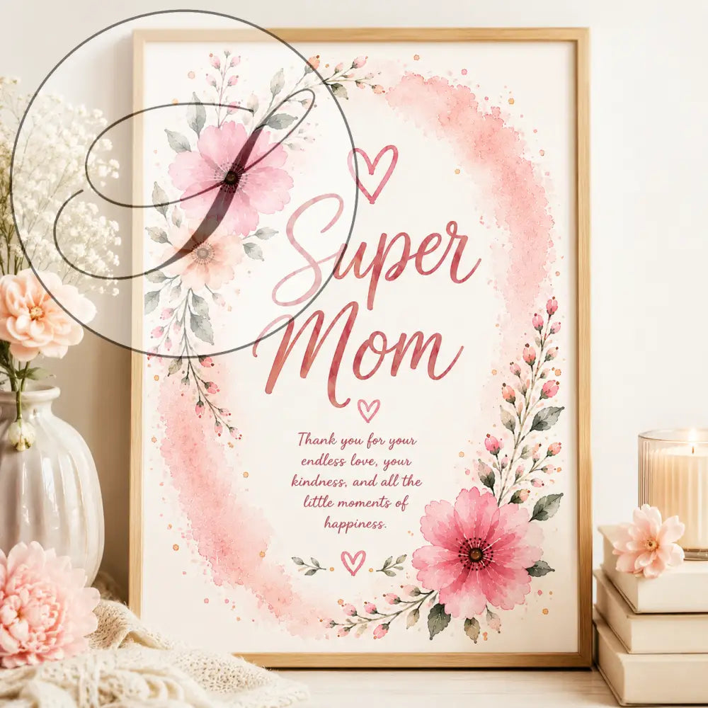 Affiche Super Maman encadrée avec fleurs aquarelle rose et pêche sur fond rose doux
