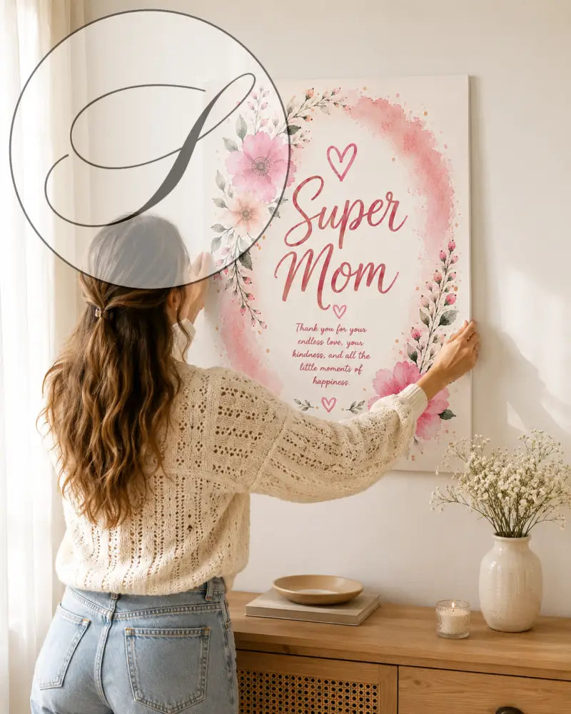Affiche florale aquarelle rose pâle avec texte Super Mom en écriture élégante entouré de fleurs