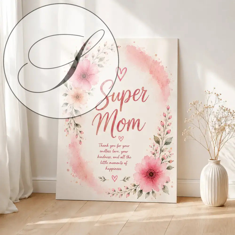 Affiche super maman à imprimer en aquarelle rose avec fleurs délicates pour cadeau fête de mère