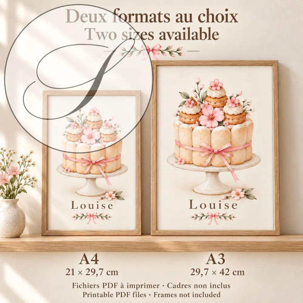 Cadeau naissance à imprimer : affiche prénom pâtisserie en formats A4 21 x 29,7 cm et A3 29,7 x 42 cm