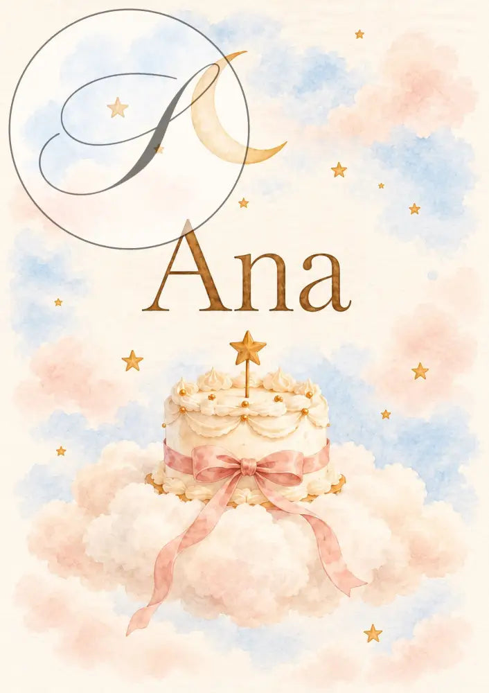 Cadeau naissance : affiche prénom bébé sous la lune, gâteau sur un nuage rose et ciel pastel étoilé