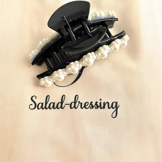 Grande pince noire pour cheveux fleur et perles blanches ANNABELLE
