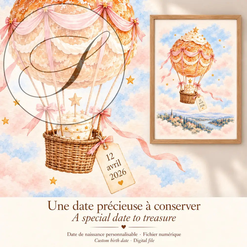 Cadeau naissance personnalisé : affiche montgolfière avec date de naissance, une date précieuse à conserver