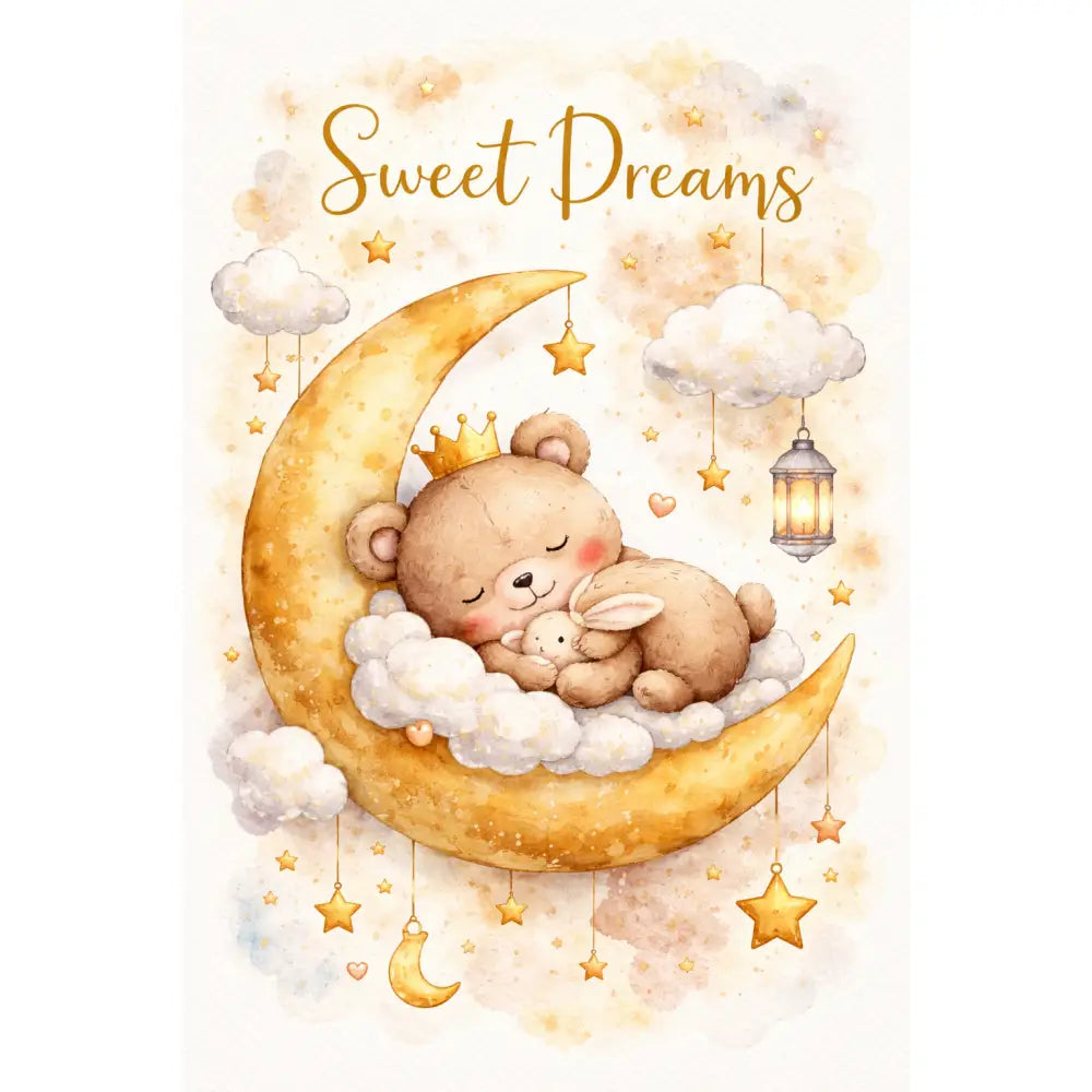 Affiche chambre bébé ours et lune avec illustration douce dours brun portant une couronne sur lune parfaite pour chambre bébé