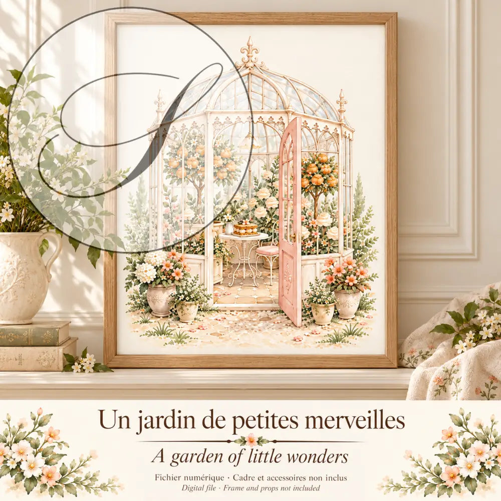 Cadeau naissance : affiche serre Un jardin de petites merveilles encadrée dans une chambre de bébé