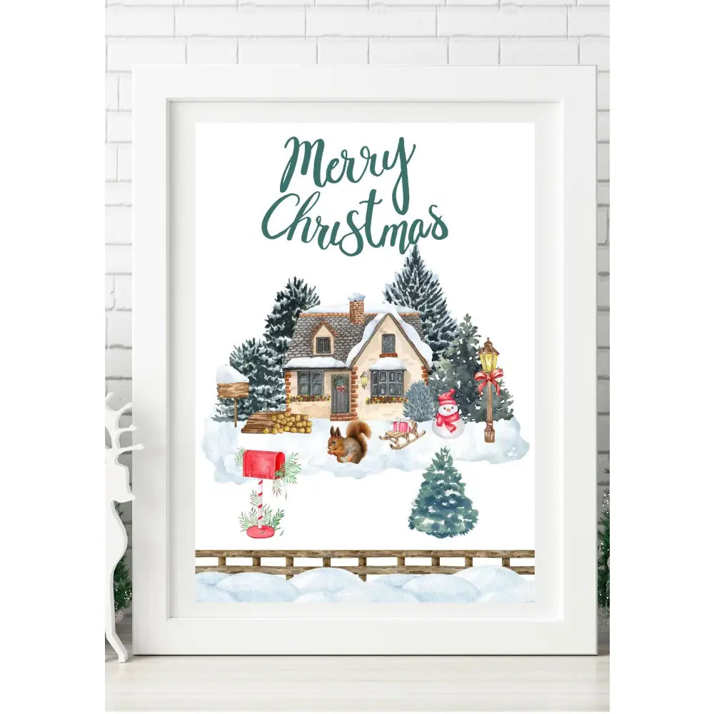 Affiche noël blanche avec illustration d une maison enneigée, sapins, boîte aux lettres rouge et bonhomme de neige chic moderne