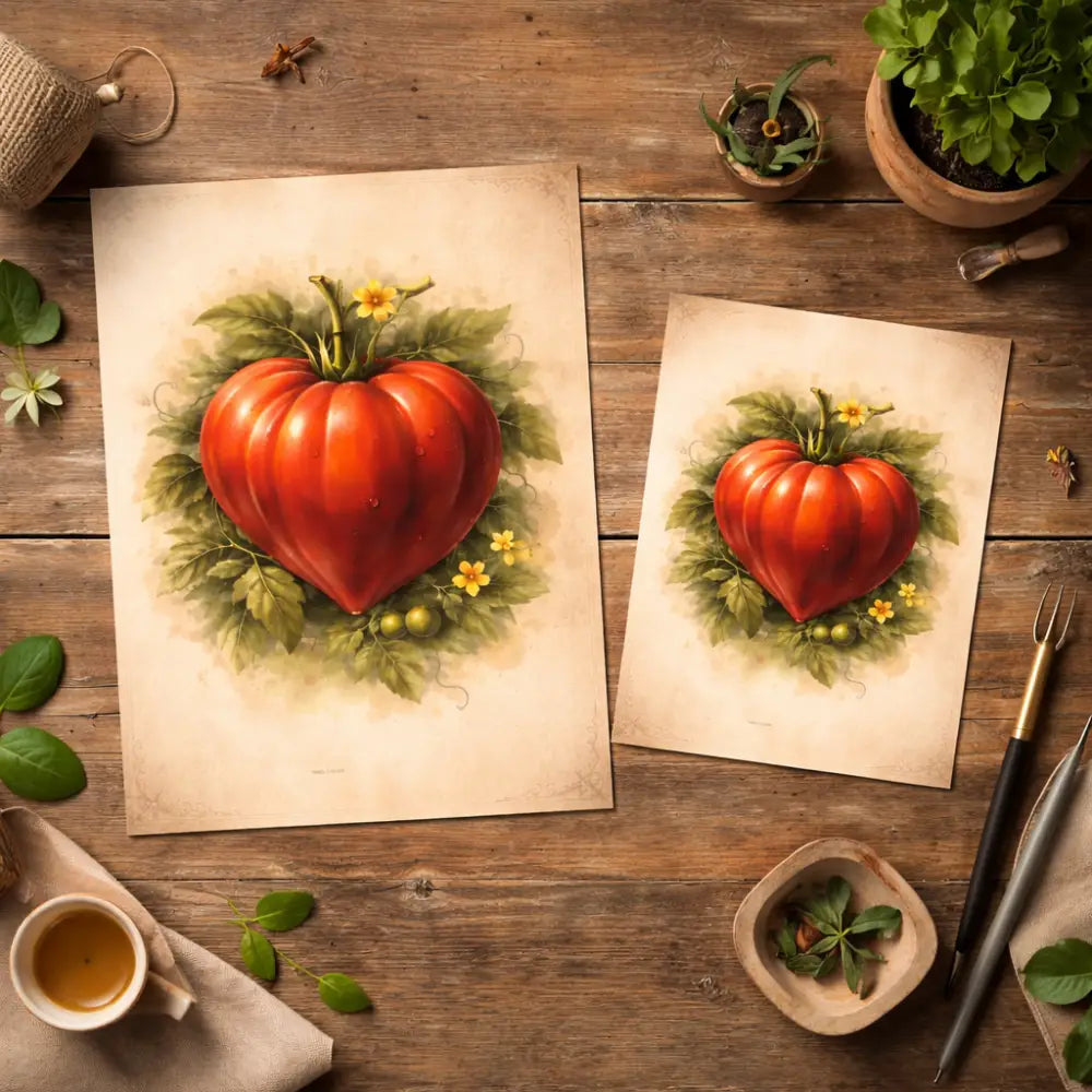 Illustration d affiche cuisine tomate en forme de cœur rouge vif sur papier vieilli pour décoration murale cuisine tendance naturelle