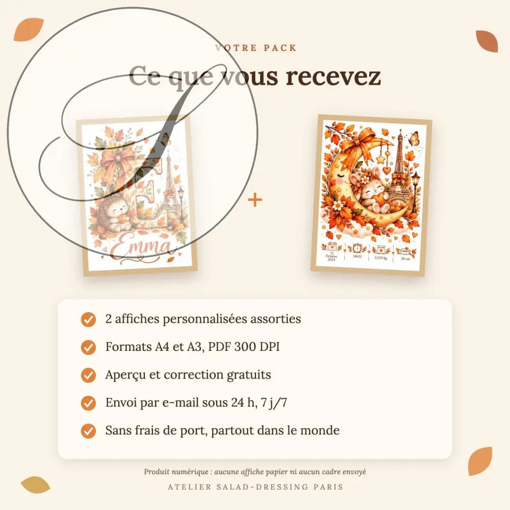 Cadeau naissance : ce que vous recevez, 2 affiches personnalisées en A4 et A3 envoyées par e-mail sous 24 h