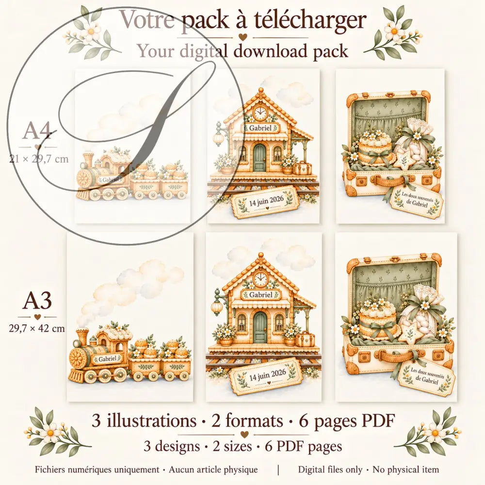 Cadeau naissance : contenu du pack, 3 affiches petit train en A4 et A3, 6 pages PDF