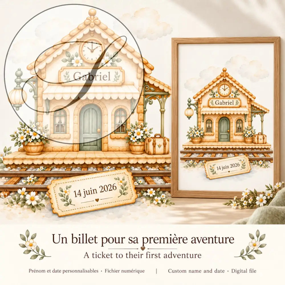 Cadeau naissance personnalisé : un billet pour sa première aventure, affiche gare encadrée avec date de naissance