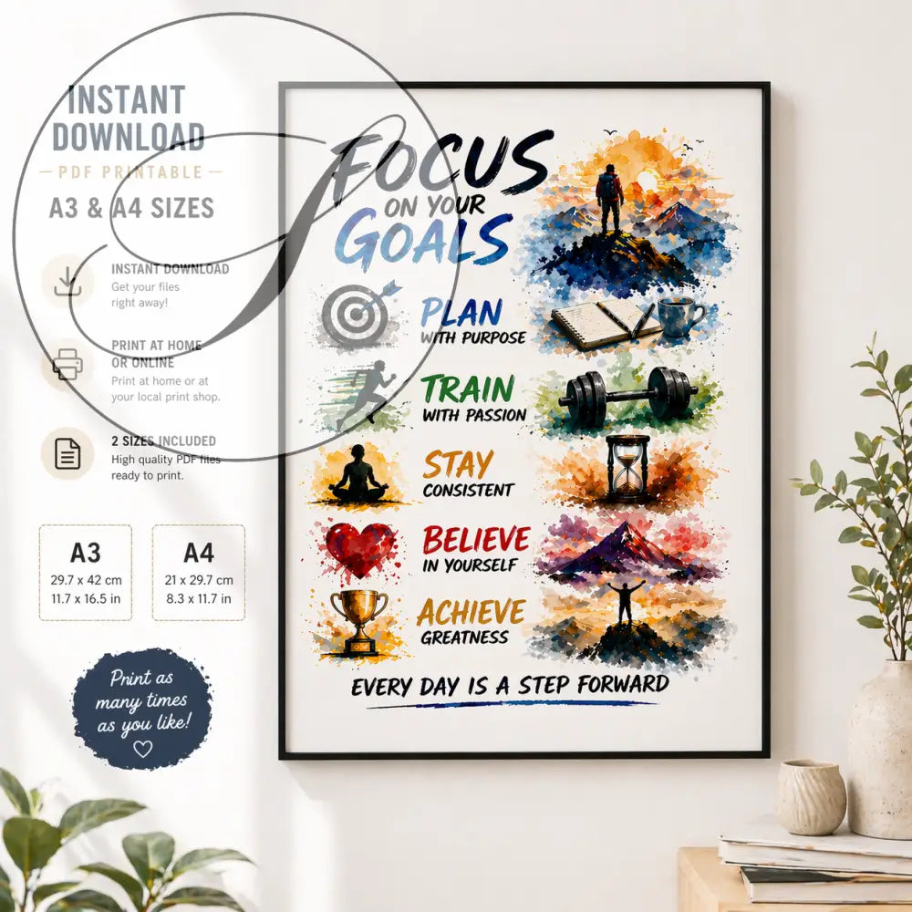 Affiche motivation à imprimer avec texte focus on your goals en noir et bleu et icônes pour planification et réussite