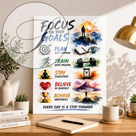 Affiche motivation à imprimer avec illustrations aquarelle bleues et texte focus on your goals pour décoration murale inspirante