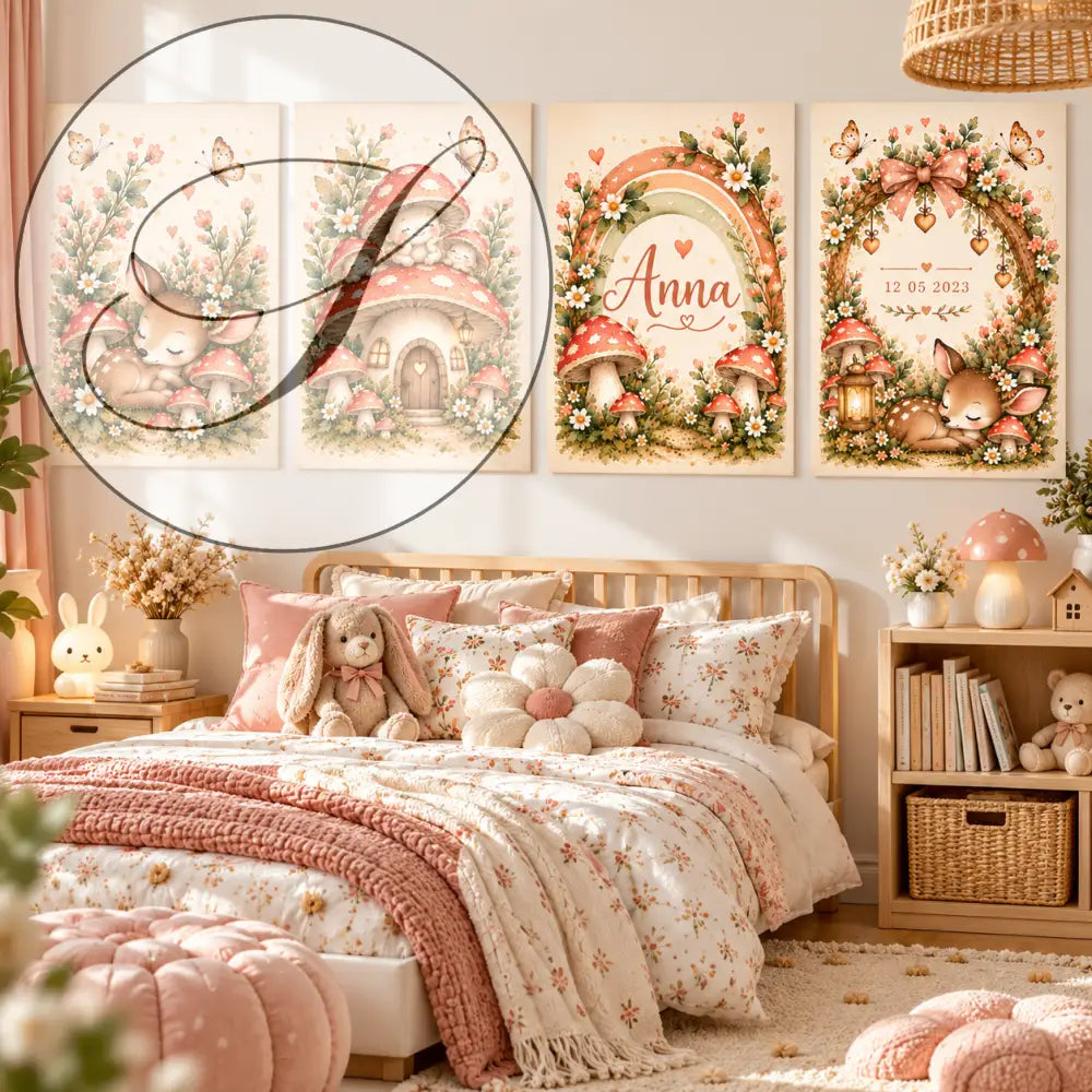 Cadeau naissance fille : pack de 4 affiches personnalisées forêt enchantée au-dessus d'un lit dans une chambre de bébé rose