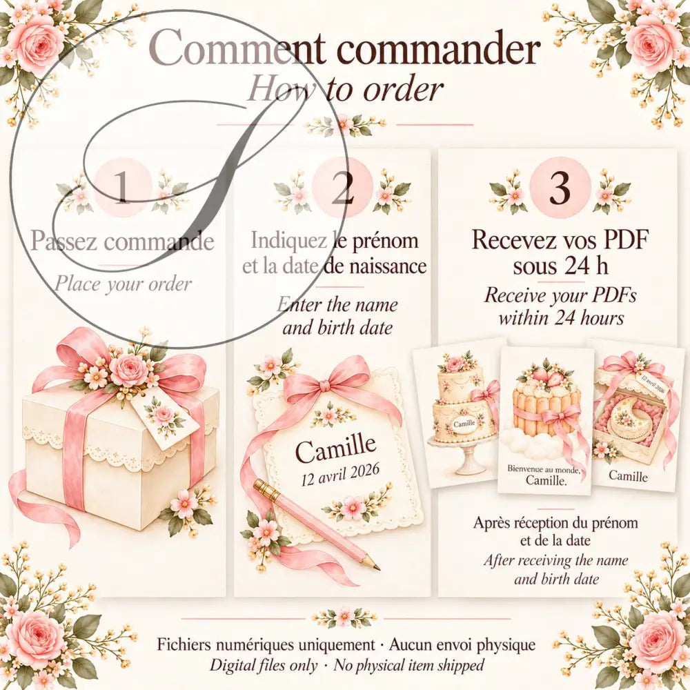 Cadeau naissance personnalisé, comment commander : prénom et date de naissance, fichiers PDF reçus sous 24 h
