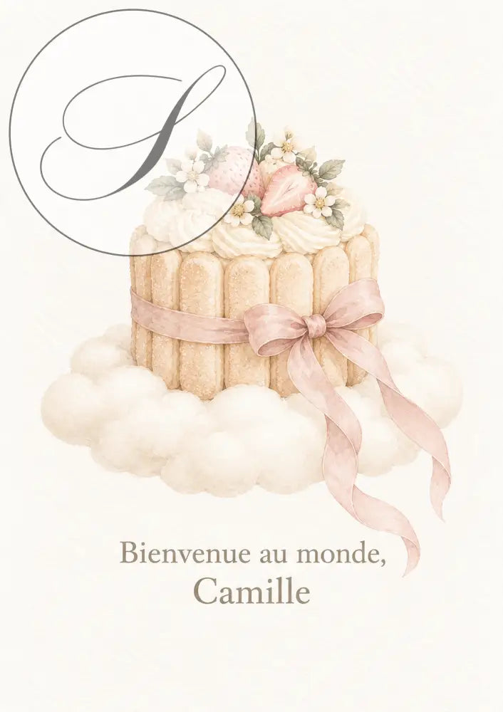 Cadeau naissance personnalisé : affiche gâteau aux fraises sur un nuage, Bienvenue au monde et le prénom de bébé