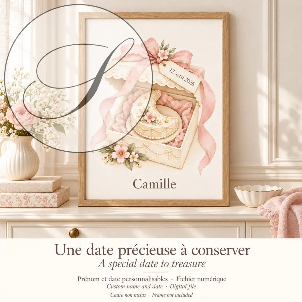 Cadeau naissance personnalisé : une date précieuse à conserver, affiche boîte cadeau encadrée