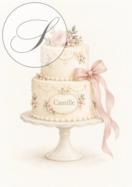 Cadeau naissance personnalisé : affiche gâteau à étages sur présentoir avec ruban rose et le prénom de bébé