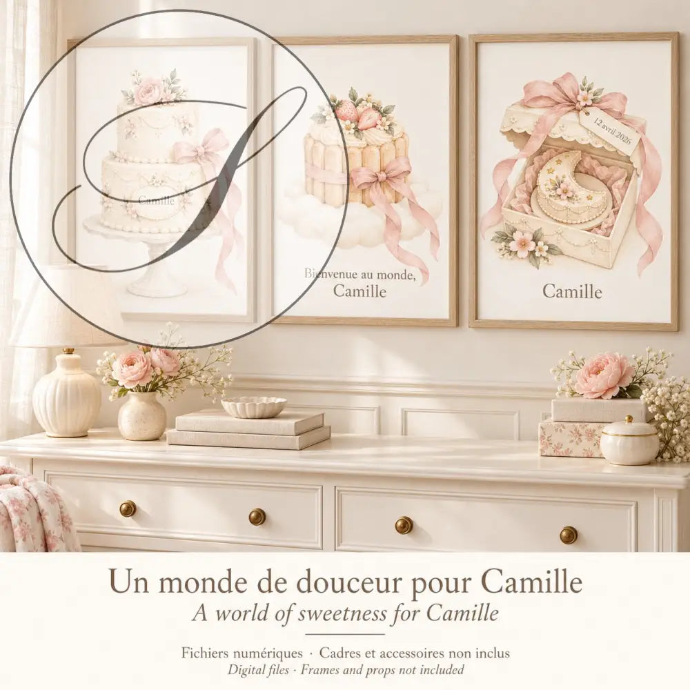Cadeau naissance fille : pack de 3 affiches personnalisées gâteaux de rêve au prénom de bébé, un monde de douceur au-dessus d'une commode