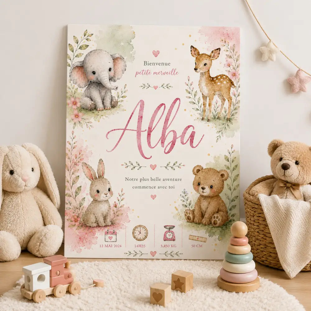 Canvas annonce de naissance sans titre 30déc avec illustration animaux en aquarelle rose doux et crème prénom alba et détails bébé