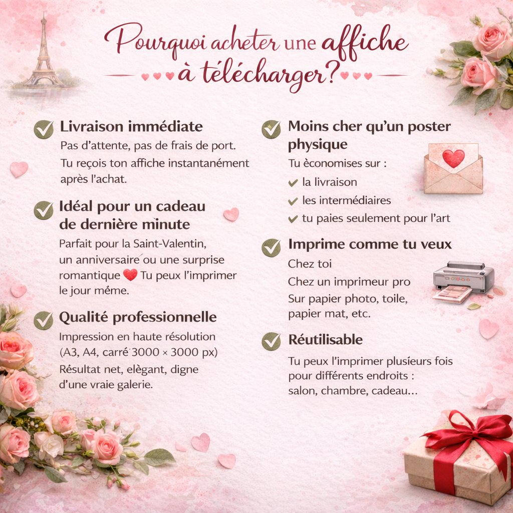 Poster amour avec deux coeurs sous un parapluie – cadeau Saint Valentin à imprimer
