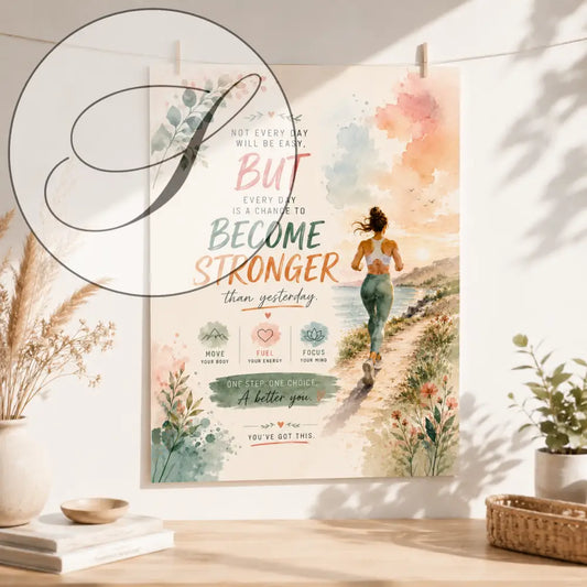 Poster motivation aquarelle avec femme courant sur chemin scenic aux tons pastel pour inspiration produit f