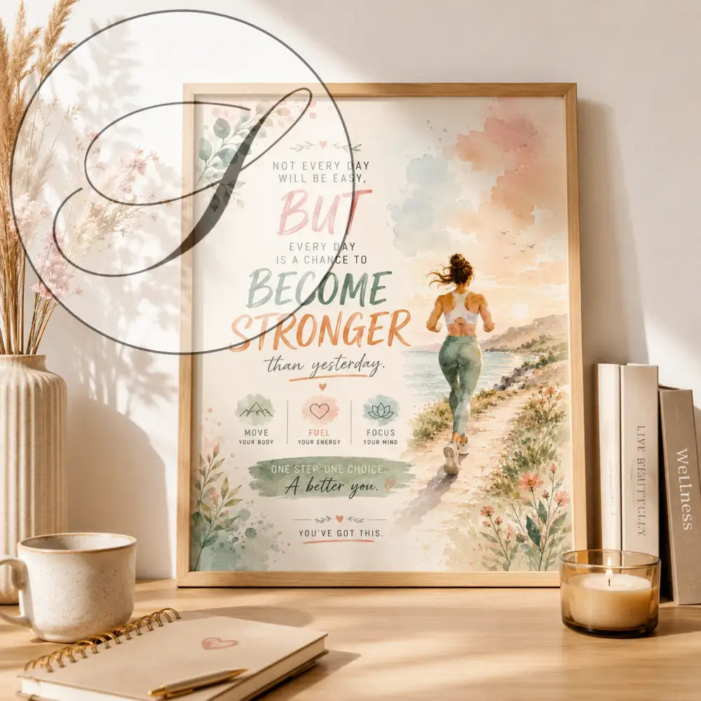 Affiche motivation encadrée, femme courant sur un chemin aux couleurs pastel avec texte inspirant