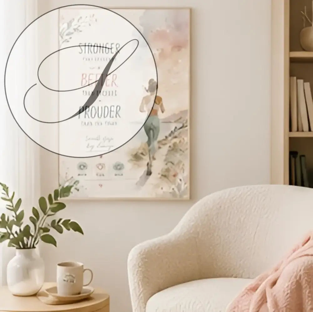 Affiche encadrée avec illustration aquarelle d'une femme qui court et textes motivants en script élégant