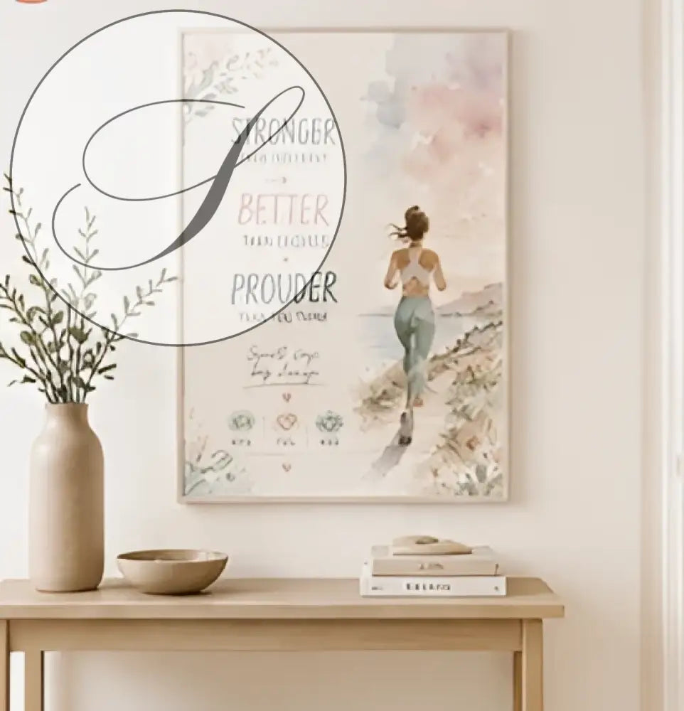 Poster motivation encadré avec illustration aquarelle d'une femme qui court et texte en script élégant