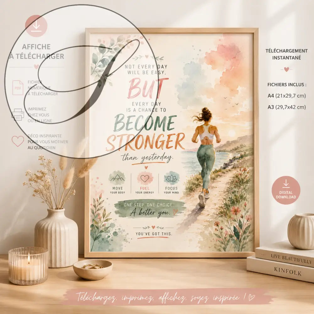 Affiche motivation encadrée avec illustration aquarelle d'une femme qui court et texte inspirant