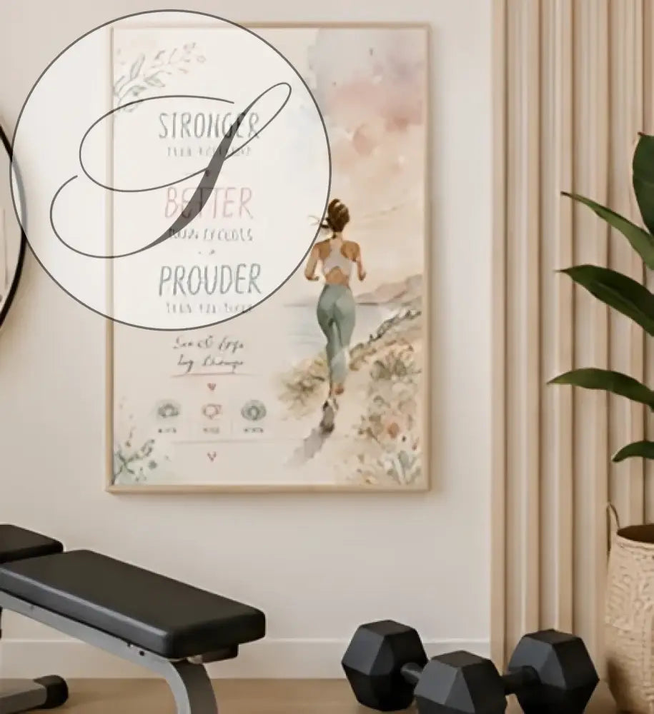 A framed motivational poster featuring a running woman illustration with soft watercolor backgrounds and elegant script text