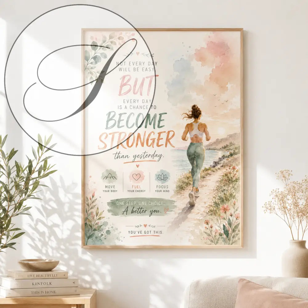 Poster motivant style aquarelle encadré en bois clair montrant une femme courant sur un sentier côtier avec ciel pastel