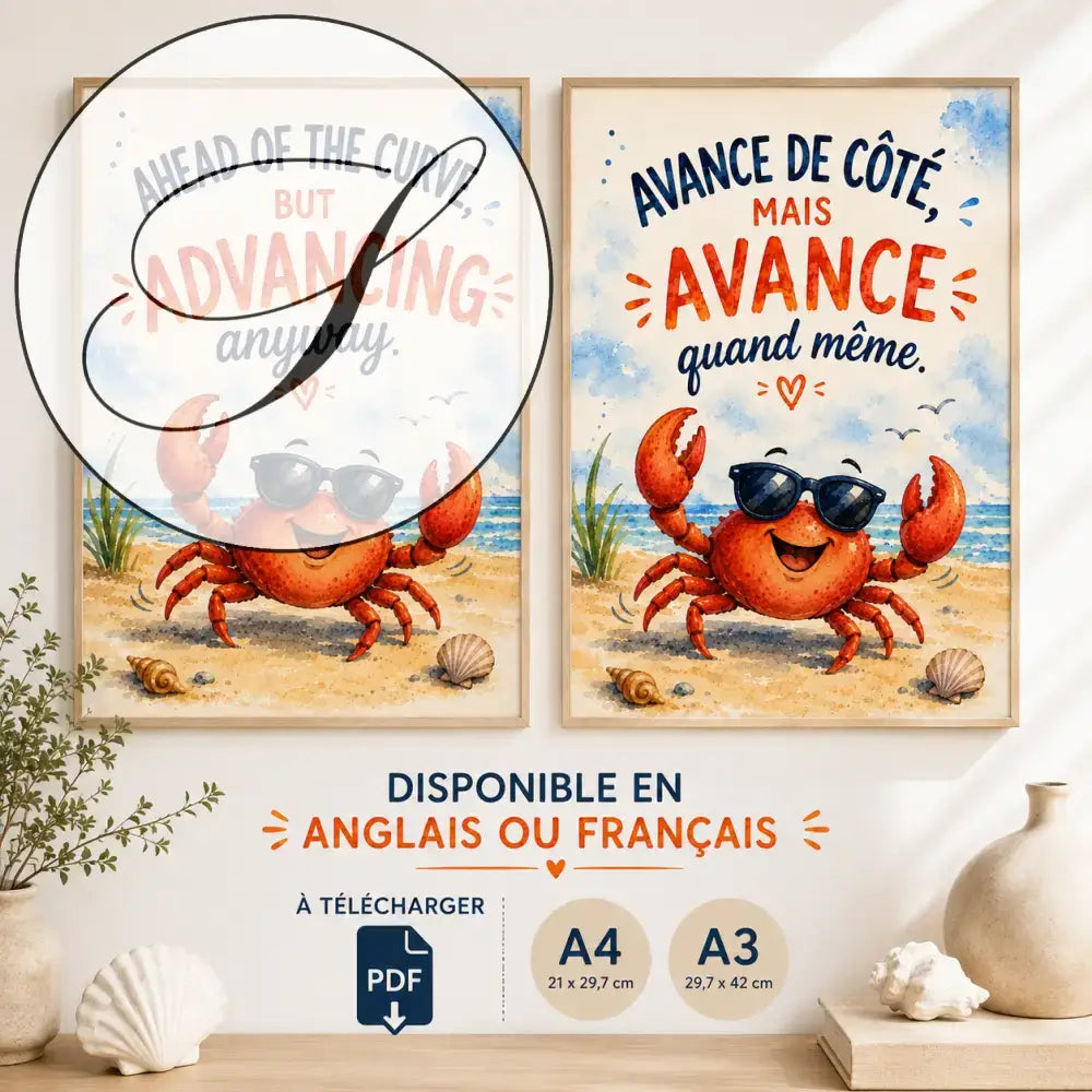 Deux posters motivation avec crabe orange joyeux en lunettes de soleil sur plage, texte en anglais et français