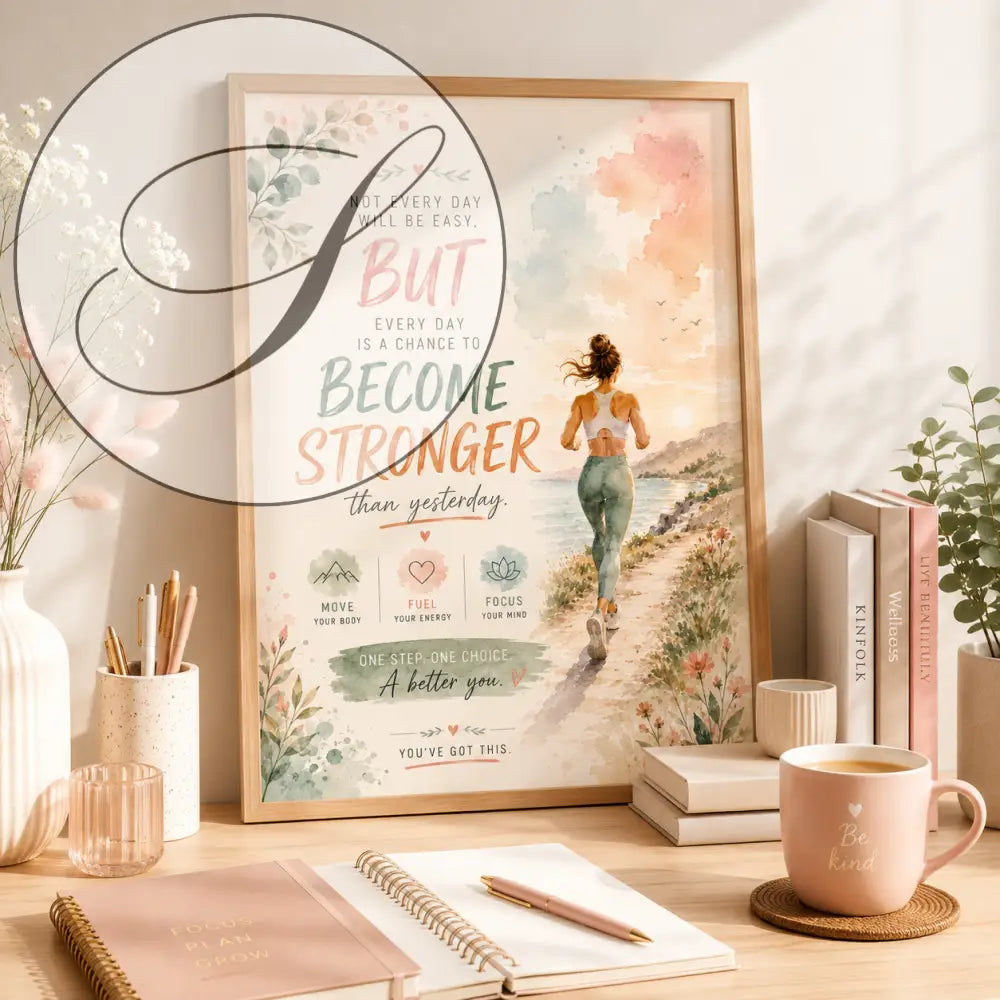 Poster encadré avec illustration aquarelle d'une femme courant sur un sentier côtier en couleurs pastel