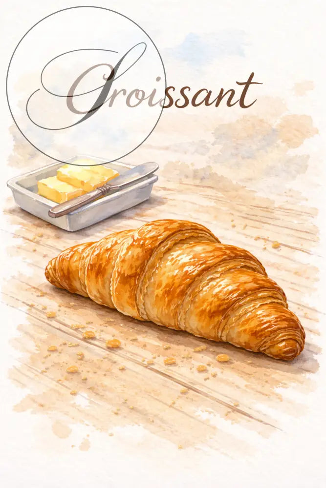 Déco murale cuisine élégante avec poster paris montrant un croissant doré et feuilleté brillant au style café parisien