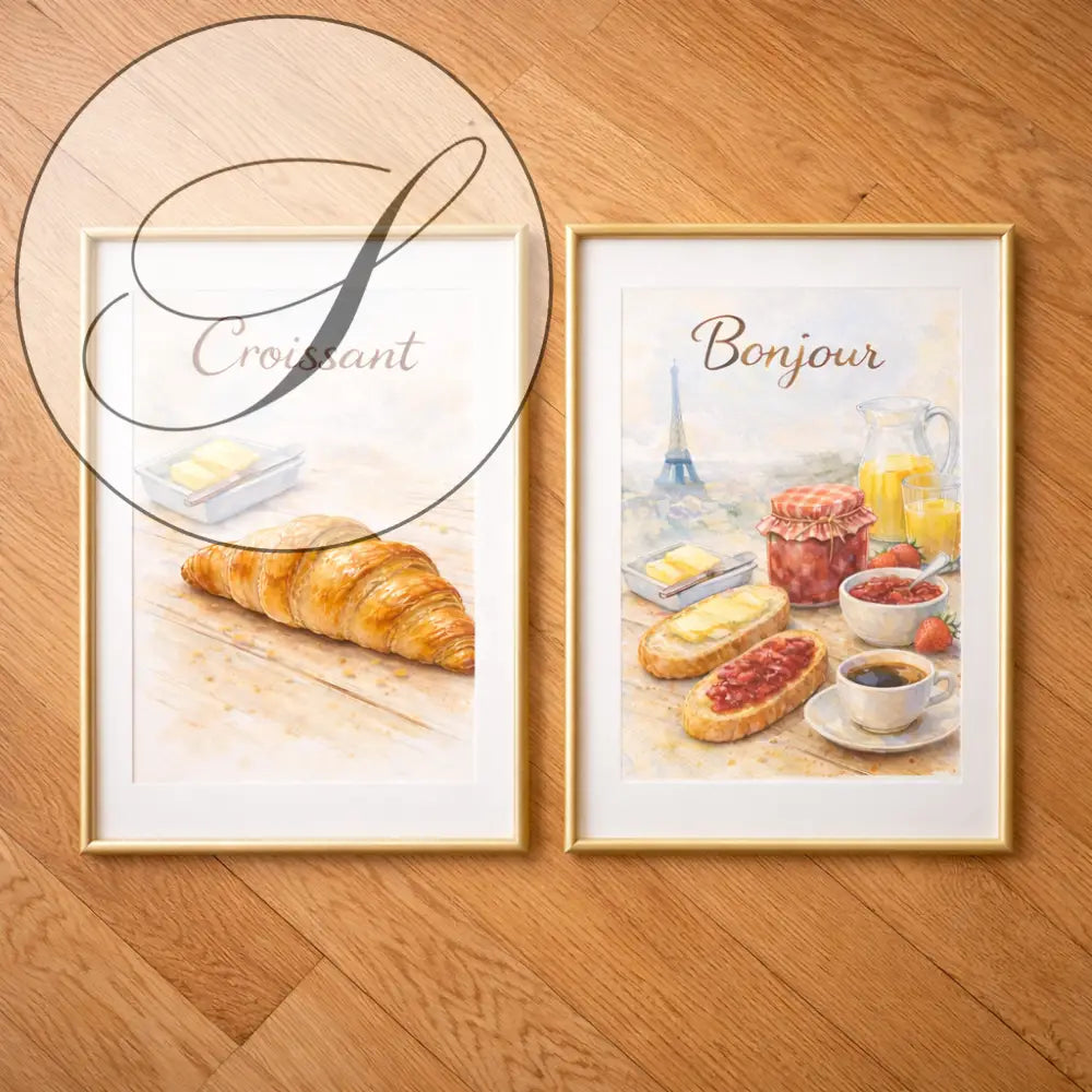 Deux posters paris encadrés style café parisien avec petit déjeuner français rustique couleur chaude